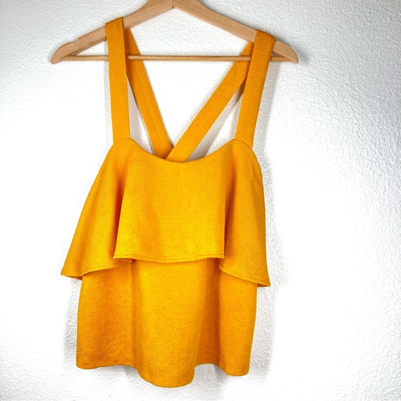 Madewell Tank Top Gold Criss Cross Strap Crop Medium Yellow Ribbed Ruffle - Picture 4 of 16